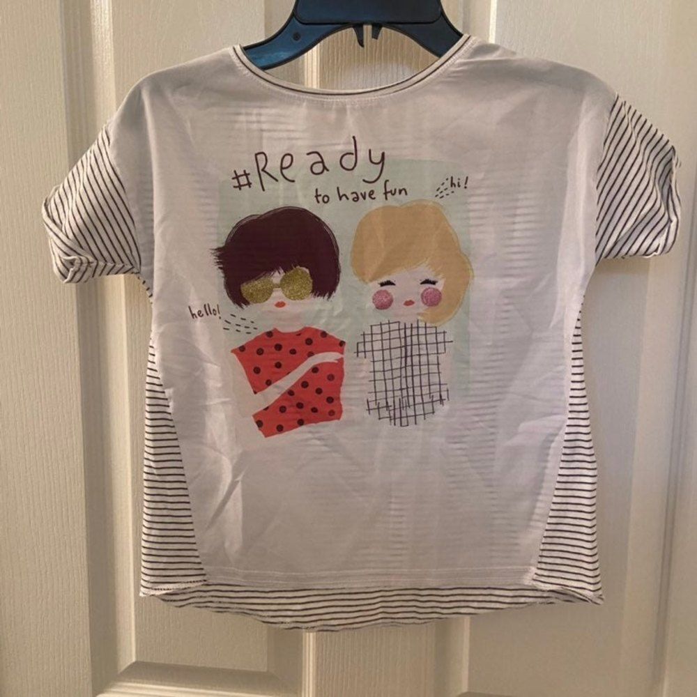 Zara Girls Ready to Have Fun Shirt with Girls Striped Top Short Sleeve Size 6